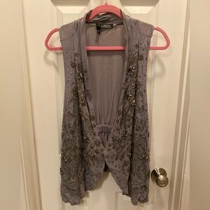 Anthropologie Deletta Heavily Beaded Ornate Gray Vest Top Open Front size Medium